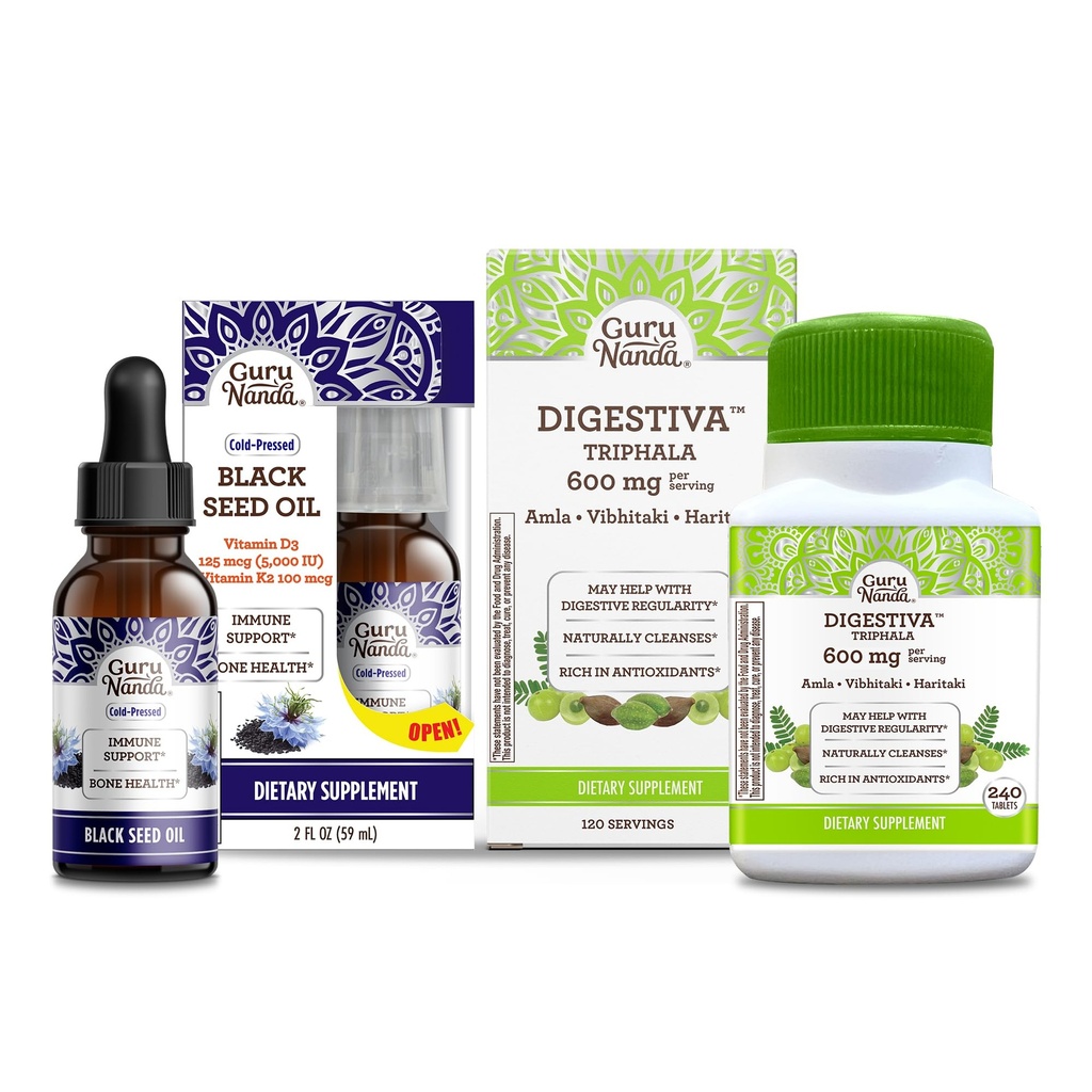 GuruNanda Black Seed Oil, Cold-Pressed Nigella Sativa - rijk aan vitamine D3 5000 eenheden & Digestiva Triphala (240 tabletten), ondersteunt spijsvertering, helpt bij opgeblazen gevoel
