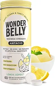 Antiacide de Wonderbelly, soulagement efficace des brûlures d'estomac et de l'indigestion instantanée de l'acide, comprimés à croquer d'une force supplémentaire, carbonate de calcium de 1000 mg, sans Talc ou colorant, sorbet de citron, 60 Compte