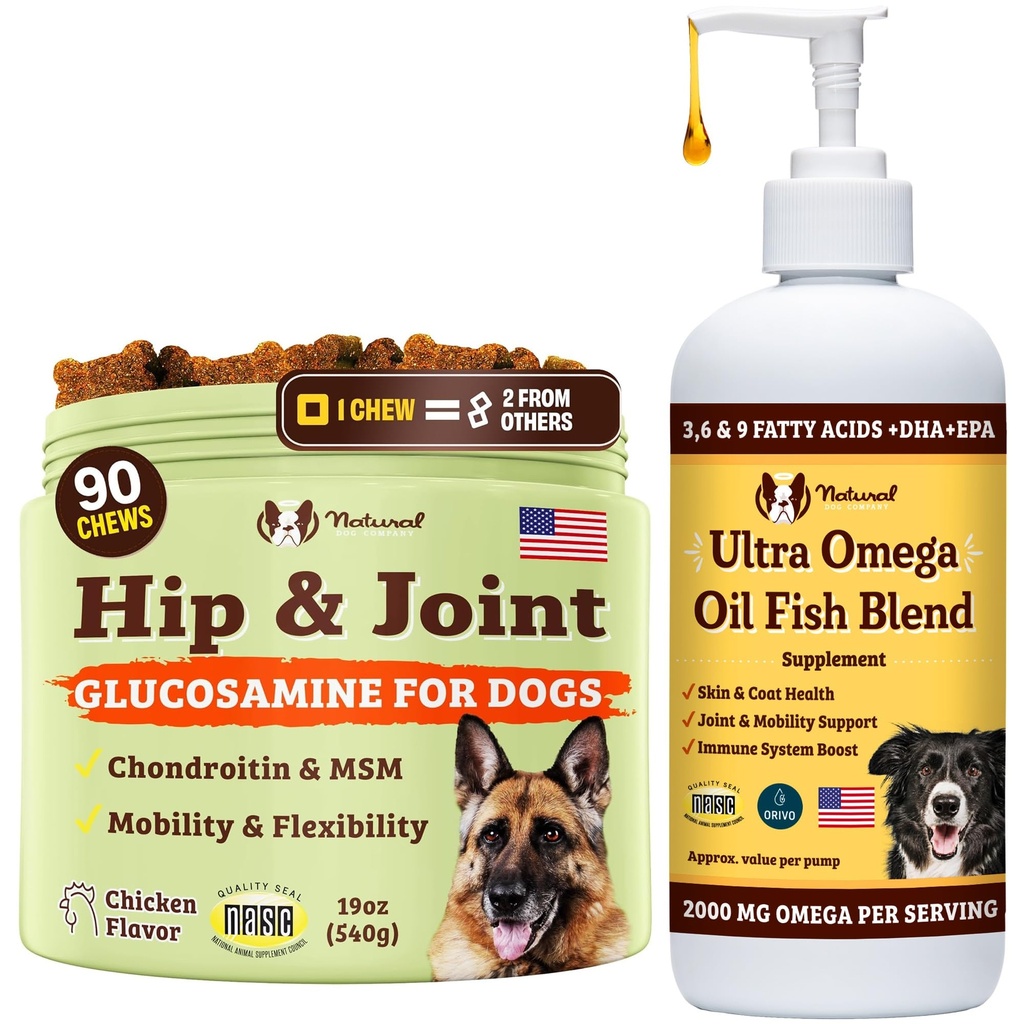 Natural Dog Company Canine Vitality Hond Vitaminen en Supplementen Bundle, Inclusief (1) Hip en Joint Kauwen Supplement-90 stuks cosequin voor honden, (1) Ultra Omega Fish Oil 16 Oz Omega 3 Visolie voor honden