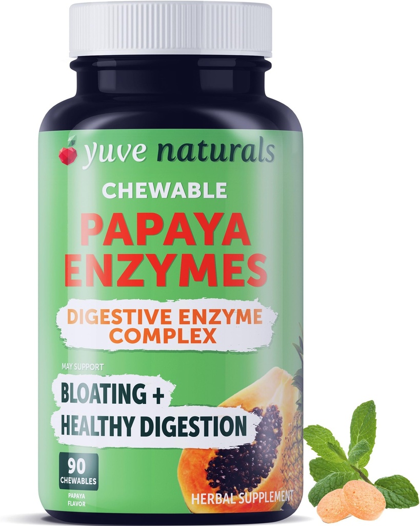 Yuve Natural Papaya Decompensative Enzymes - Suikervrije Kauwbare Candies - Bevordert betere spijsvertering - Constipatie & Bloating Aid, Detox, Leaky Gut Repair & Gas Relief - Vegan, Non-GMO, Glutenvrije - 90ct