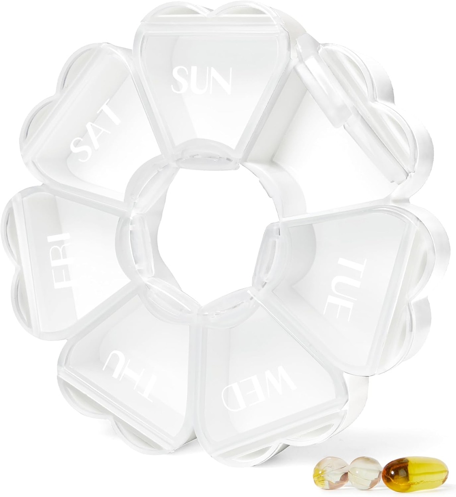 MOLN HYMY Large Weekly Pill Box 7 Dag, Cute Pill Case Organizer 1 keer per dag, Floral Pill Container Eenmaal daags, Pretty Medicine Dispenser voor Vitamine/Visolie / Medicatie/Suplements (White)