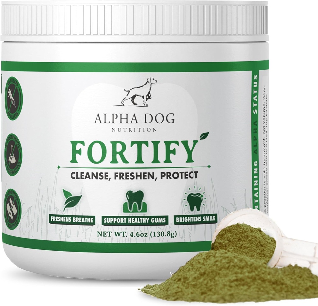 Hondentanden Reiniging Powder - Fortify Dental Powder voor honden - Plaque Remover and Freshens Bad Breath with Fresh Green Supplements - Bevat Kelp, Probiotica, en andere tanden reinigen ingrediënten