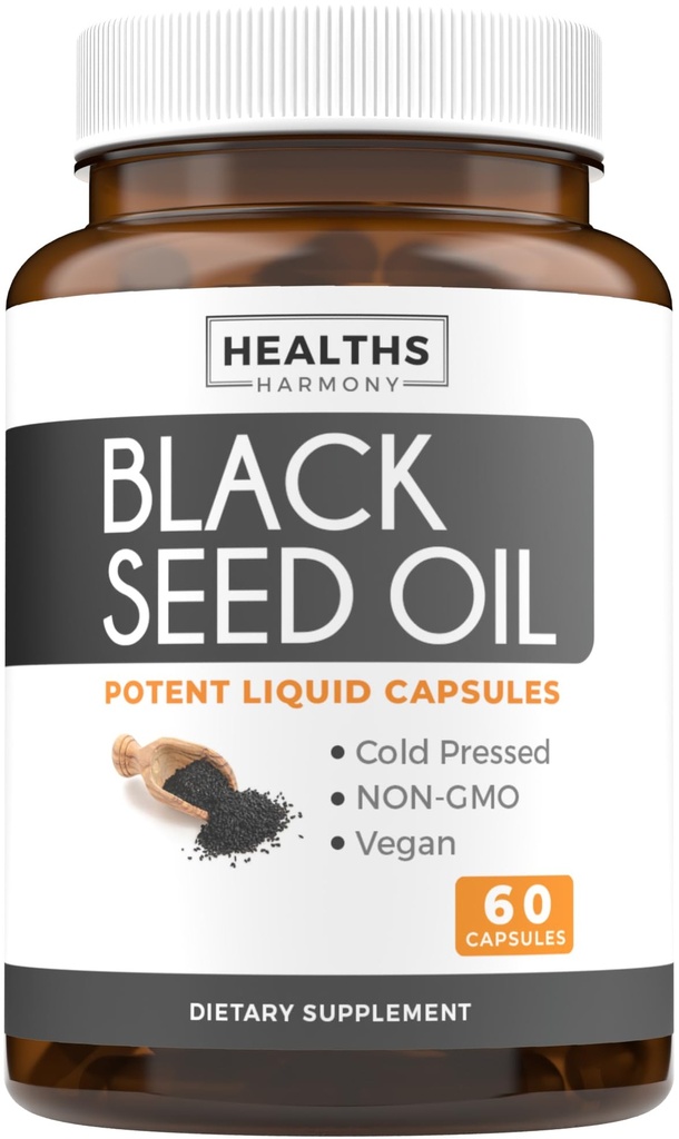 Huile de graines noires - 60 capsules de softgel (non-OGM et végétalien) Premium Nigella Sativa pressée à froid produisant de l'huile de graines de cumin noir pur avec de la vitamine E - 500mg chacune, 1000mg par 2 capsules