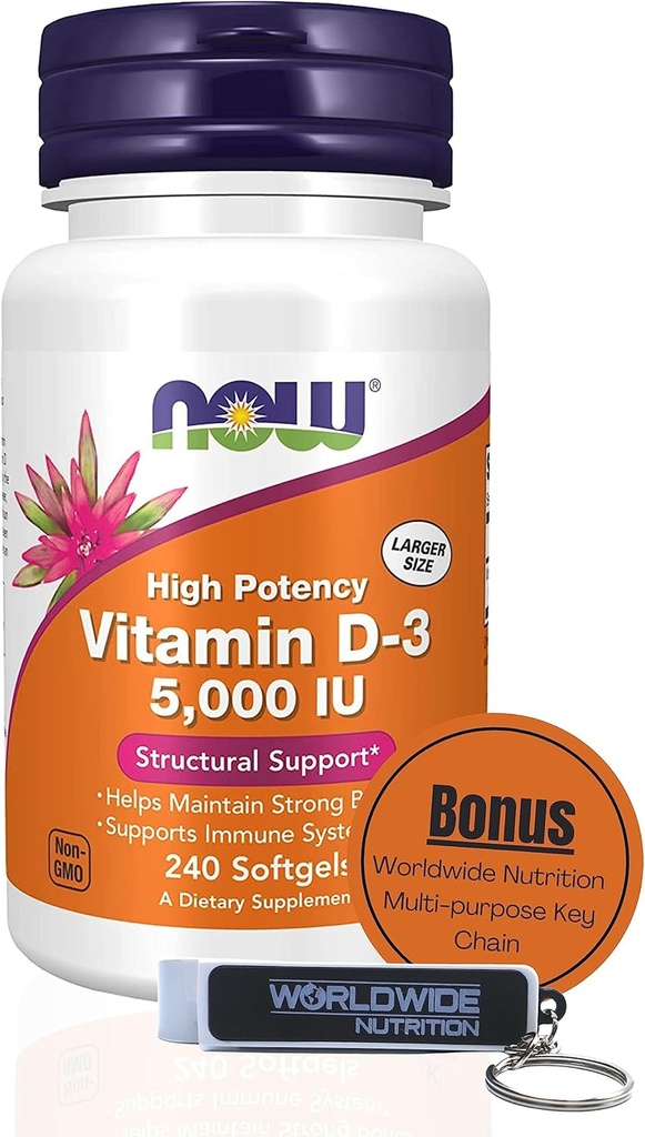 Wereldwijde Voeding Nu Supplementen Vitamine D3 5000 IE Softgels - Hoge Potentie Formule voor structurele ondersteuning D 240 Tel Vitamine, Biologische & sleutelhanger