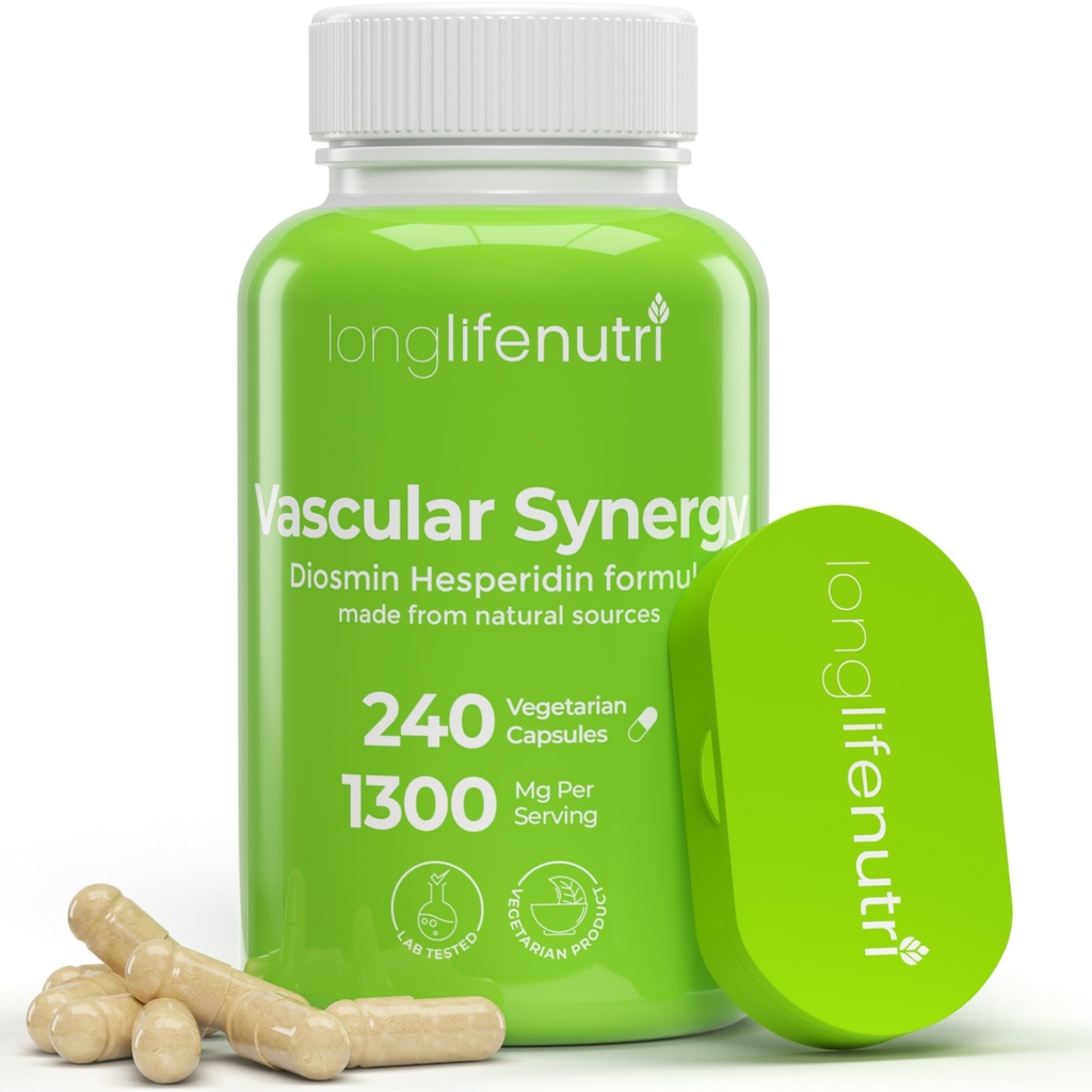 LongLifeNutri Diosmin Hesperidin Complex, Vasculaire Synergie 1000mg/300mg voor Optimale Circulatie & Vein Ondersteuning: 240 Capsules, 120 Servings, 4-maands Supply, Made in USA