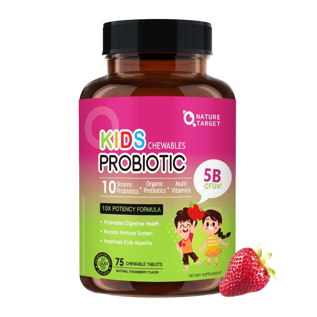 NATURE TARGET Enfants Probiotiques à croquer, 5 milliards d'UFC Probiotiques + Prébiotiques pour les 3 ans et plus, Probiotiques pour la santé digestive, Immune Support & Appetite Booster, Fraise naturelle, 75 portions