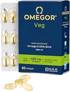 Vegan Omega 3 Supplément OMEGOR Veg - Huile d'algue Omega 3 avec 250mg EPA et 125mg DHA avec vitamine E - Vegan Society et IFOS certifié (60 capsules)