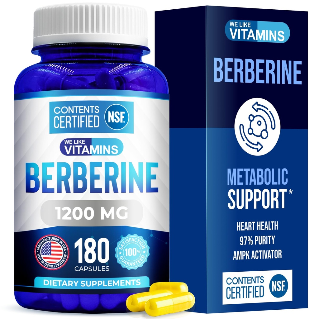 We Like Vitamins Berberine Supplement,1200mg, Pure Max Strength Berberine HCL - 180 Vegetarian Capsules (Gluten Free, Non GMO) - 90 porties