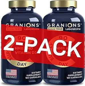Granions HMB en vitamine D3 supplement - spierherstel, Beta Hydroxy Butyrate Pre Workout Muscle Builder, Mass Gainer - 1000 MG met D3 en Calcium - 360 HMB capsules, 6-maand levering