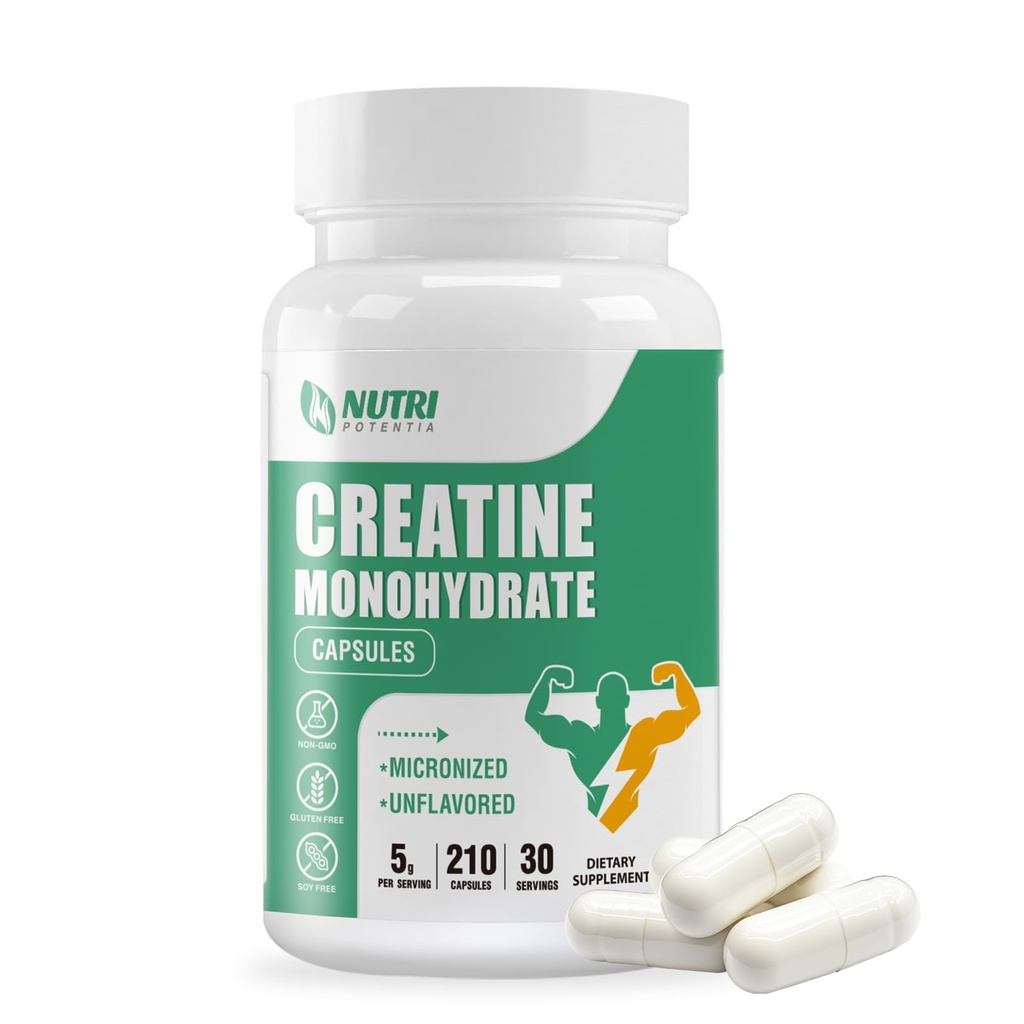 Creatine Monohydraat Capsules, Pure Creatine Pillen Gemicroniseerd voor verbeterde training en spiergroei, Gemakkelijke Absorptie, Niet-GMO, Ongearomatiseerd - 210 Capsules