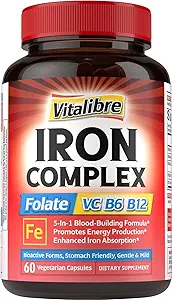 Supplément en fer pour les femmes et les hommes, avec des vitamines C, B6, B12 & Folate pour la carence en fer, Blood Building & Energy Support, Stomach Friendly, Meilleure absorption, Non-OGM, Pas de gluten, 30 capsules végétaliennes