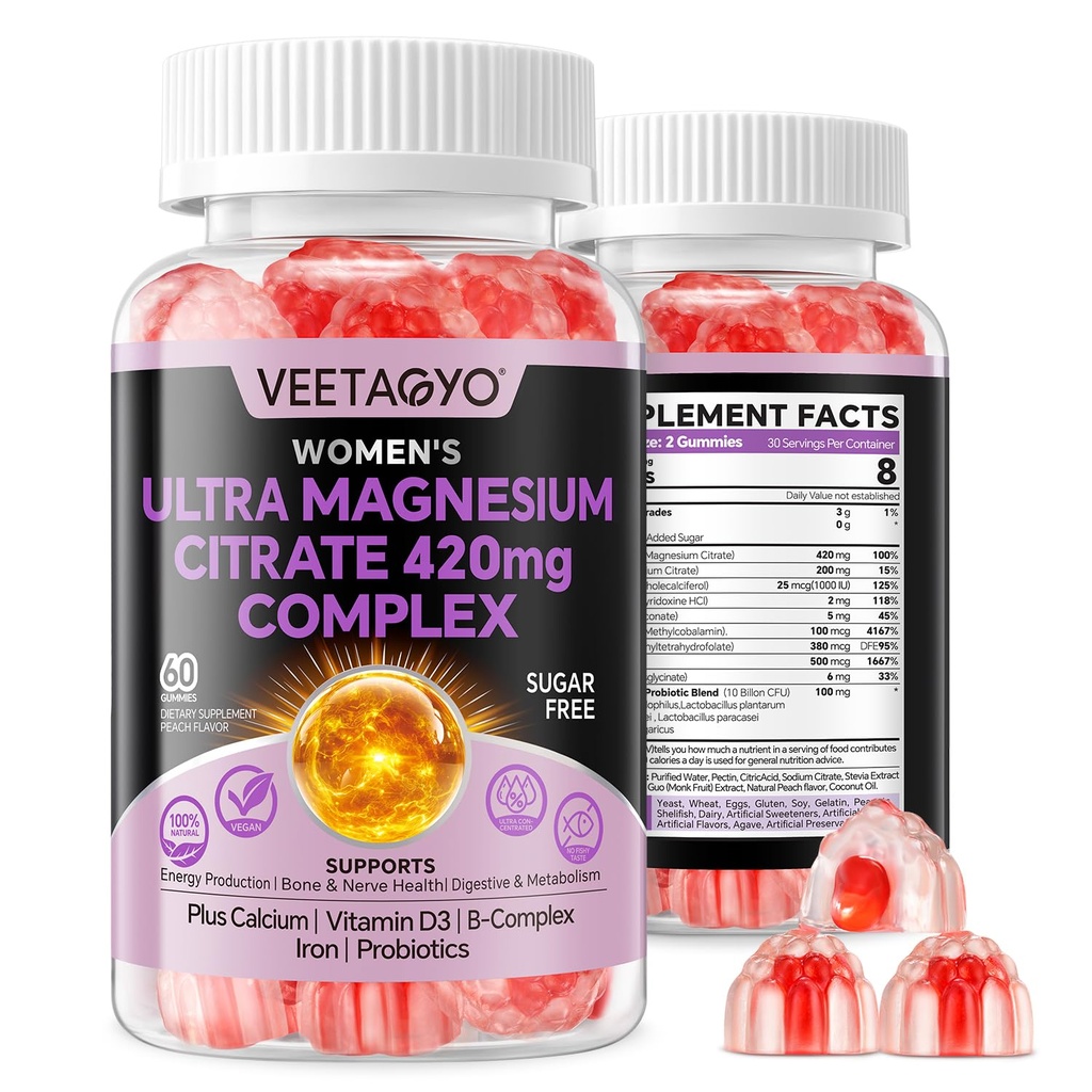 Magnesium citraat Gummies 420mg voor volwassene - dubbele laag - w/10 Miljard CFU - 5 strains Probiotica & Calcium, D3, Biotin, Iron, B6, B12, Folate, Ondersteuning voor bot, nerve, ontspannen, spier - Vegan 60Cts