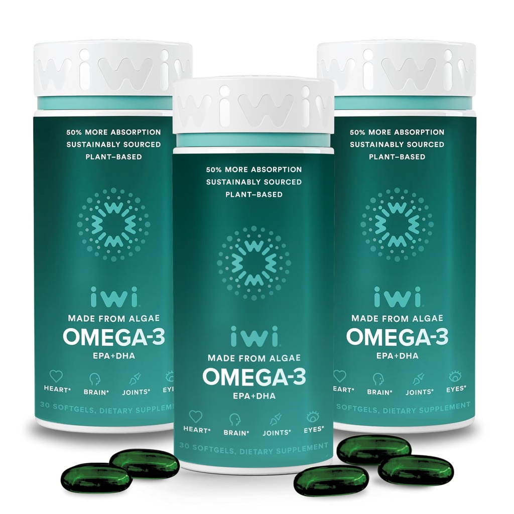 Iwi Omega-3, 90 Softgels (90 portions), Algae Omega 3 à base végétale végétalienne avec EPA + DHA, complément alimentaire de soutien pour corps entier, krill et huile de poisson alternative, sans arrière-goût de poisson