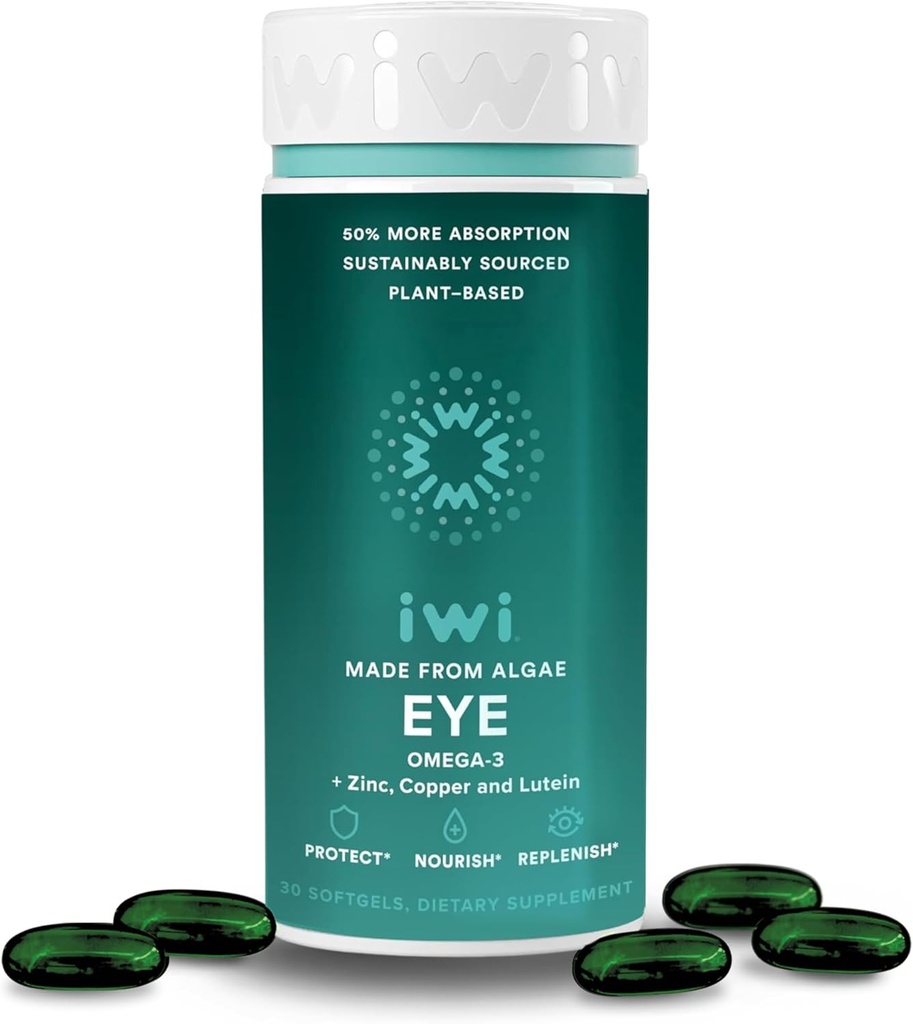 Iwi Life Eye Omega-3, 30 Softgels (30 porties), Vegan Plant Based Algen Omega 3 met EPA + DHA, Gezond Oog & Vision Ondersteuning Dieetsupplement, Krill & Visolie Alternatief, Geen Fishy Aftersmaak
