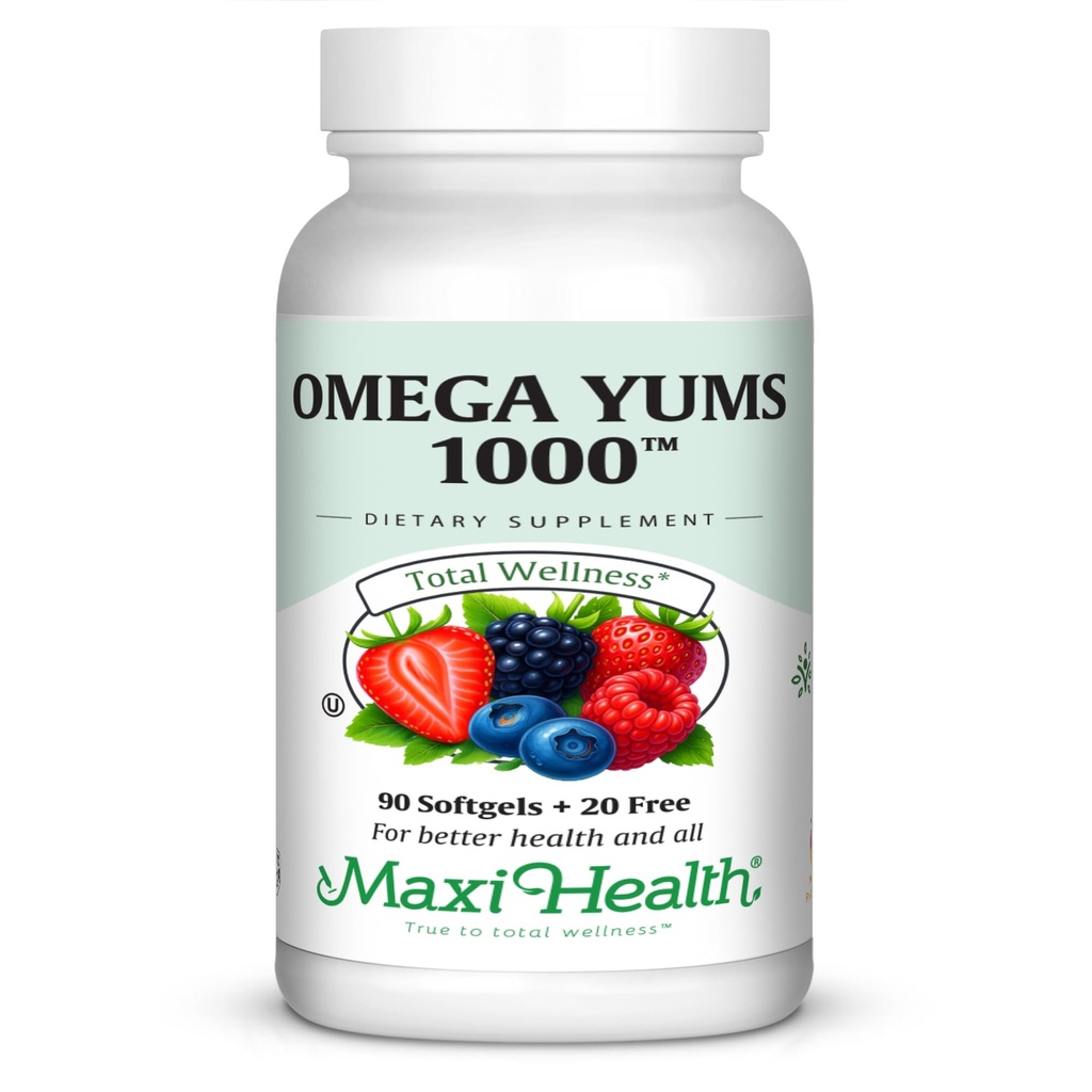 Maxi Health Omega Yums 1000 - Kid Friendly - Fruitige Burst smaak - 110 Softgel Capsules - Kosher