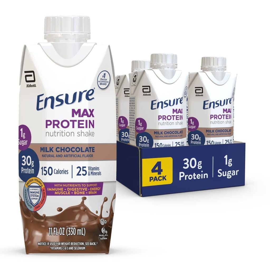 S'assurer Max Protein Lait Chocolat Nutrition Agiter 30g Protéines, 1g Sucre, 4g Mélange de Fibres