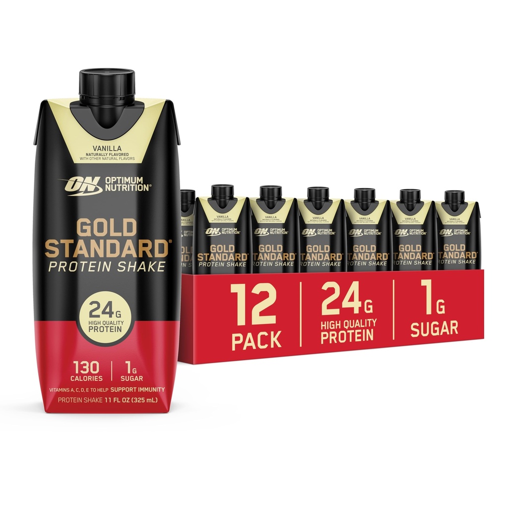Optimale Voeding Goud Standaard Proteïne Shake, 24g Proteïne, Klaar om eiwit Shake, Glutenvrij, Vitamine C voor Immuun Ondersteuning, Vanille, 11 Fl Oz, 12 Tellen (pakket van 1) (Verpakking mei Vary)