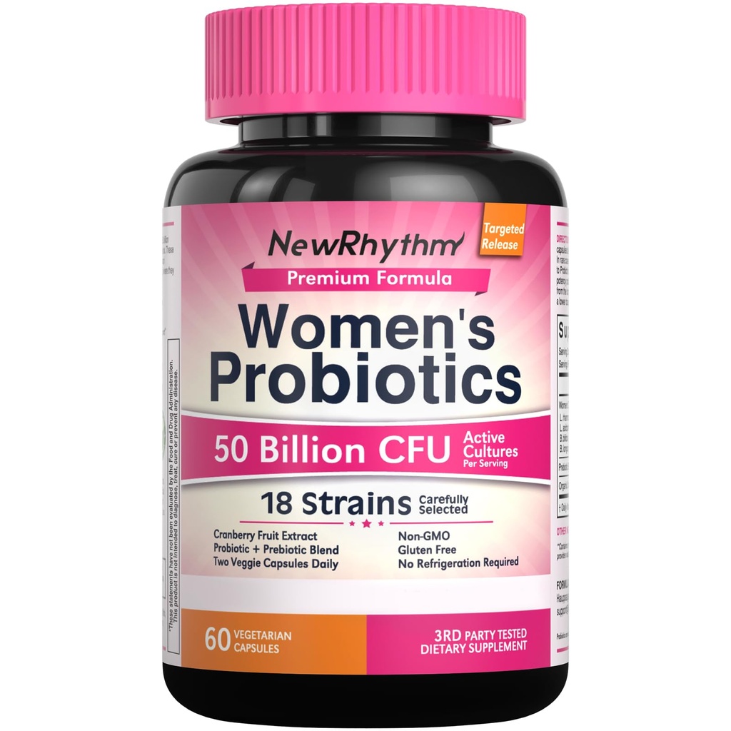 NewRhythm Vrouwen Probiotica, Biologische Cranberry voor Vrouwen Vaginale Gezondheid, 50 miljard CFU 18 Strains, Probiotica en Prebiotica, Ondersteuning Digestieve Gezondheid, 60 Vegan Capsules