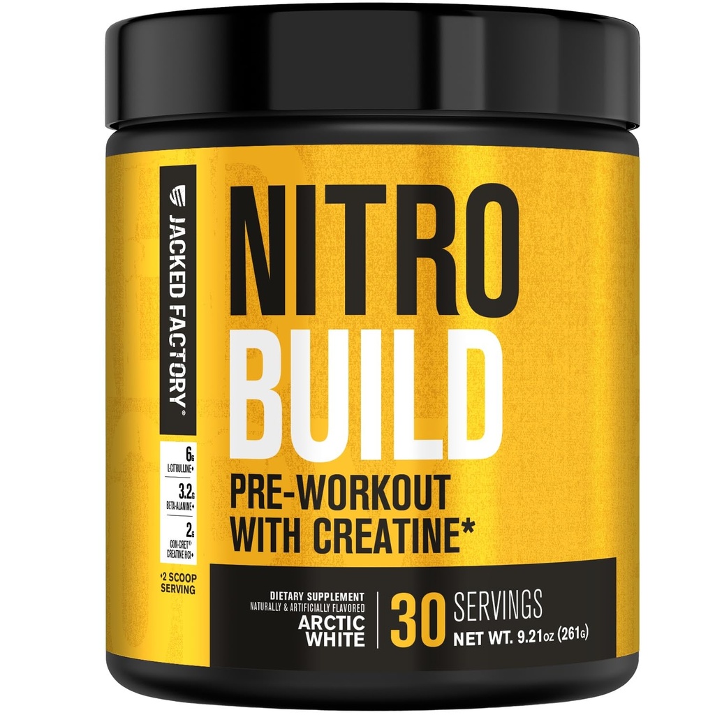 Ge Jacked Factory Nitrosurge Build pre workout met Creatine for Muscle Building - Con Cret Creatine Powder & elevATP for Intense Energy, Powerful Pumps, & Endless Endurance - 30 Servings, Arctic White