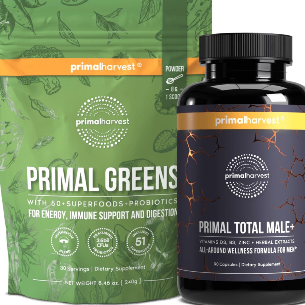 Primal Oogst Primal Total Man + & Primal Greens Mannen Multivitamine en Voedingssupplement met Ginseng, Vitaminen D en B, zink, probiotica en meer, Gluten en Zuivelvrij
