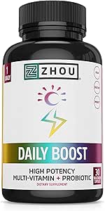 Zhou Daily Boost - Probiotic Multivitamine for Women & Men, Immune Support, Antioxidant & Eye Health Supplement with Vitamin A, Vitamin C, Biotine & Folate for Adults - 30 Veggie Capsules