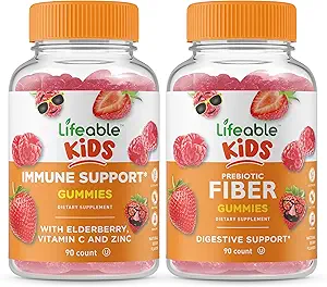 Soutien immunitaire vivace Enfants + Fibres prébiotiques Enfants, Gommies Bundle - Grande dégustation, supplément de vitamine, sans gluten, sans OGM, gommy à croquer