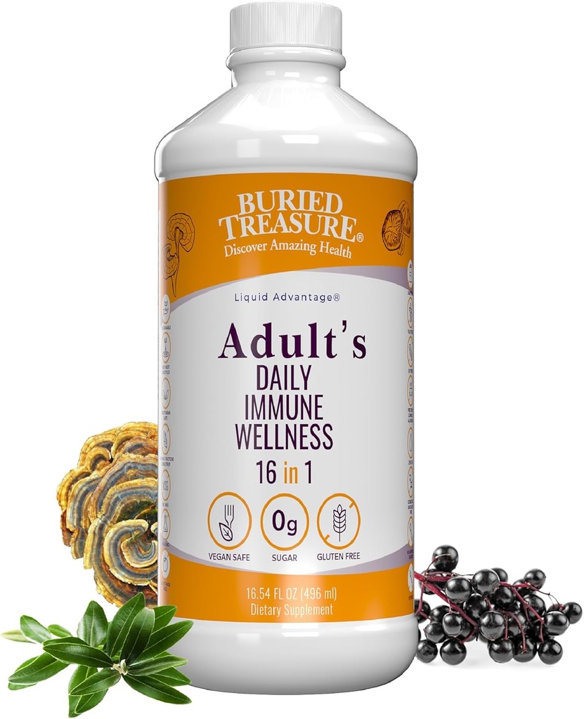 Begraven Treasure Adult Daily Immune Wellness - 16 Fl oz, 16 serv, Liquid Nutrient Blend for Immune Support with Elderberry, Echinacea, Vitamines & meer