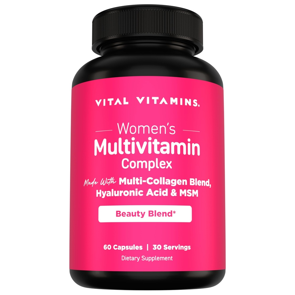 Vitamines vitales Complexe multivitamines pour femmes - avec mélange multicollagène, acide hyaluronique et MSM - Multivitamines de beauté - avec vitamine A, C, E, B6, B12, D3-60 Capsules