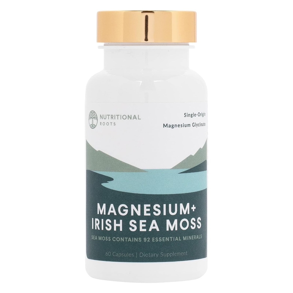 Voedingswortels - Magnesium + Irish Sea Moss - 350mg Magnesium Glycinate & Organic Irish Sea Moss - Essential Minerals - Supports Heart & Bone Health - Dieetsupplement - 30 Servings - 60 Capsules