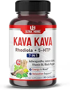 Kava Kava Capsules Supplement - Formule verrijkt met Ashwagandha, 5-HTP, Rhodiola, Citroenbalsem, Support Mood, Kalm & Relaxatie Capsules