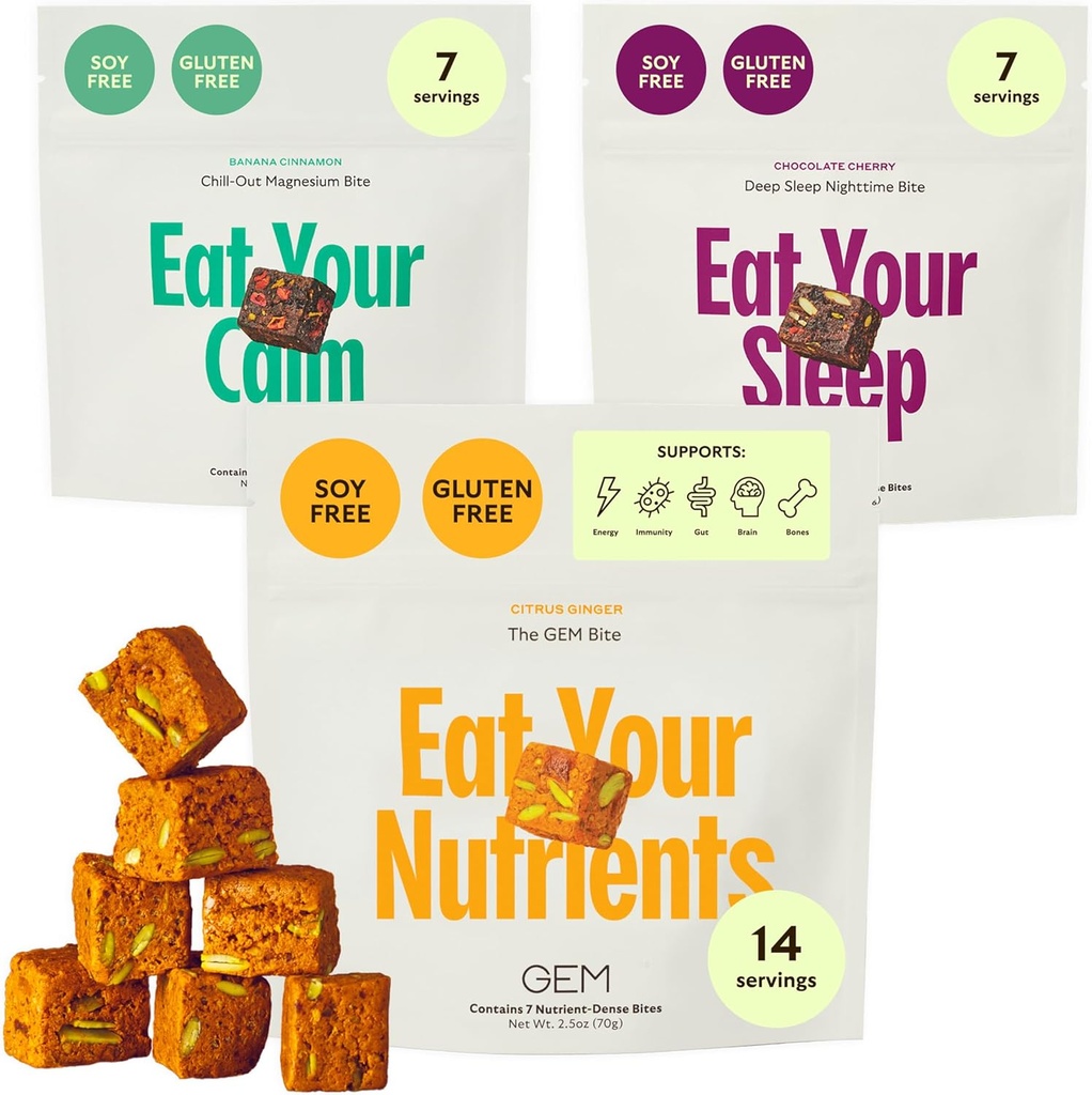 GEM Bite Complete Routine Variety Pack with Daily Multivitamine (14 bits), Chill-Out Calm (7 Kauwen) & Diepe Slaaphulp (7 Kauwen)