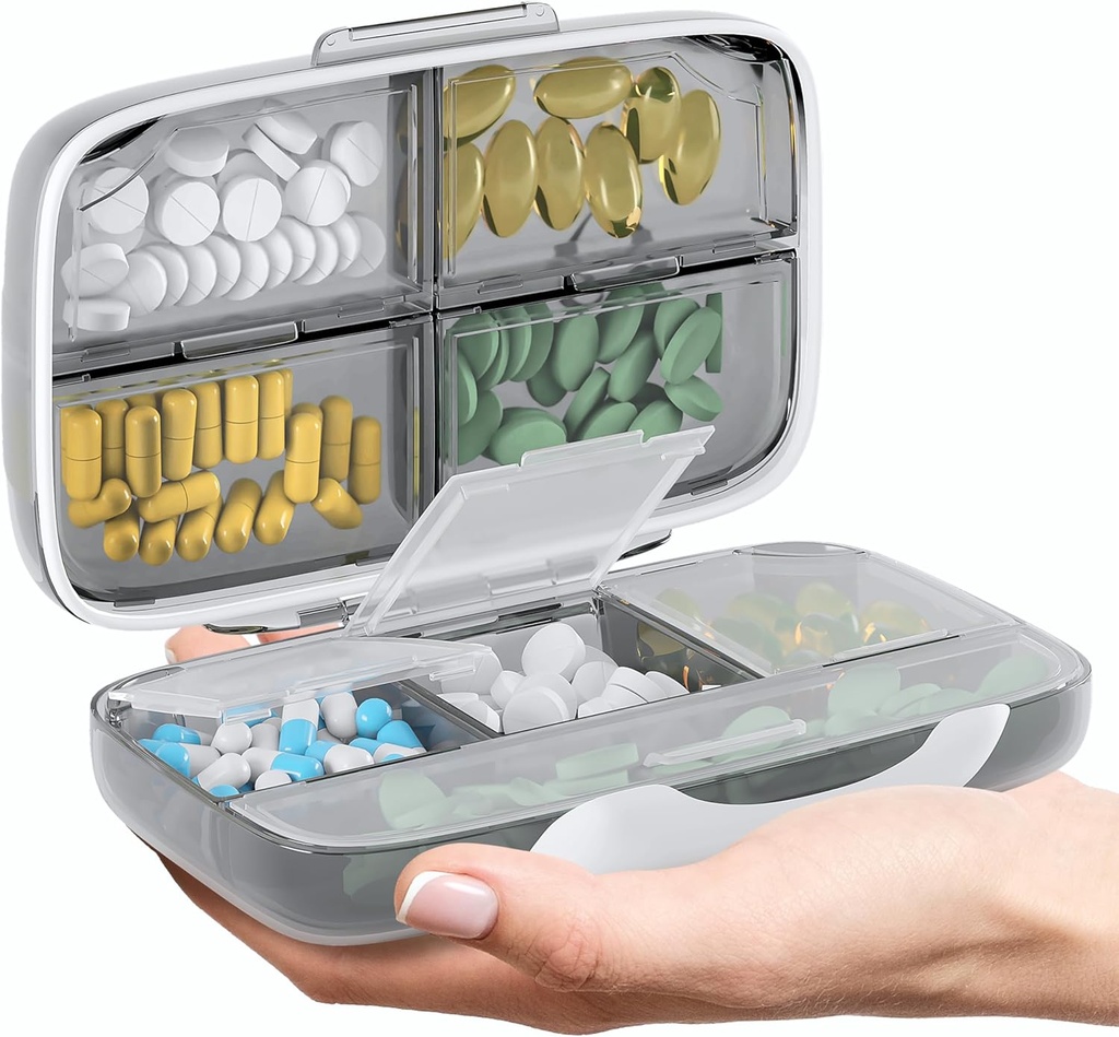 Travel pil Organizer - Luchtdichte geneeskunde geval voor reizen Portable Pharmacy Box met labels Vitamine Container 8 Compartiment Supplement Medication Holder Grote capaciteit dagelijks (Grijs)
