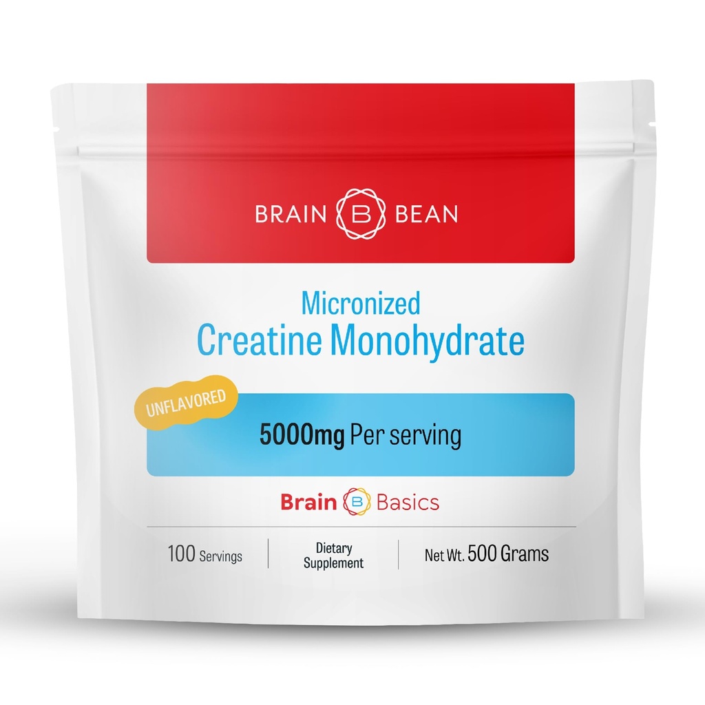 Brain Bean 500mg La poudre micronisée micronisée de créatine aide à stimuler l'énergie pour la santé du cerveau - La poudre de créatine non-OGM sans gluten soutient la santé musculaire (Fabriqué aux États-Unis)