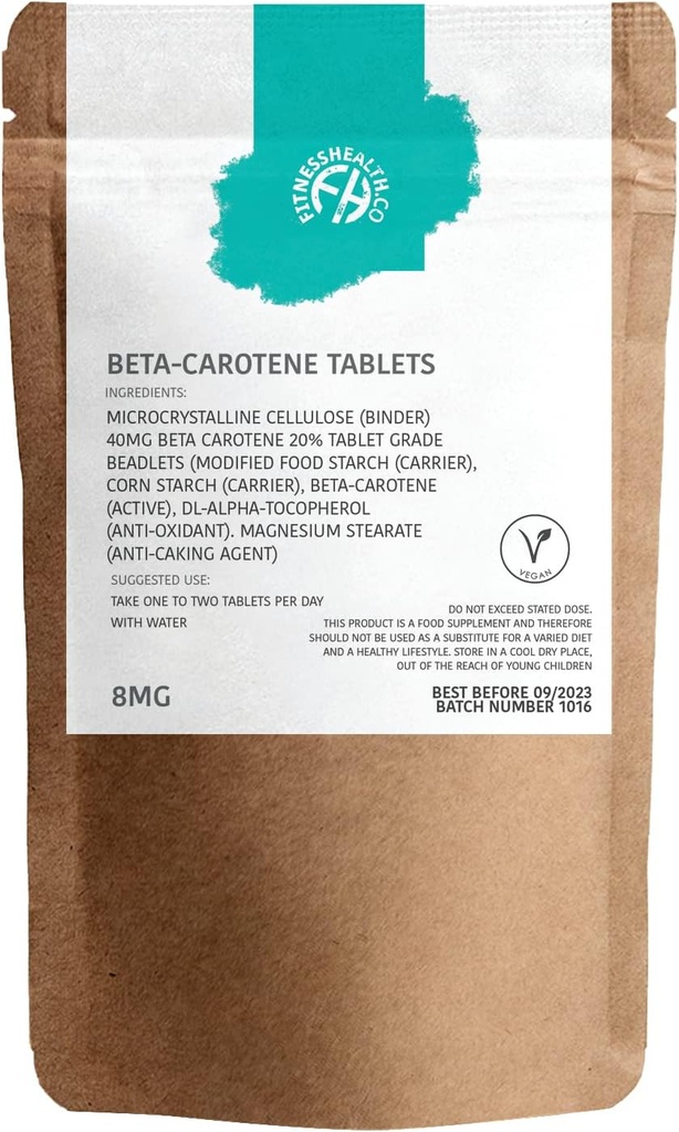 Fitness Health Beta-Caroteen 8MG 120 tabletten - Pure Bron van Vitamine A - Gezond Huid- en Resistent Systeem - Tanningversneller - Gluten & GGO-vrij
