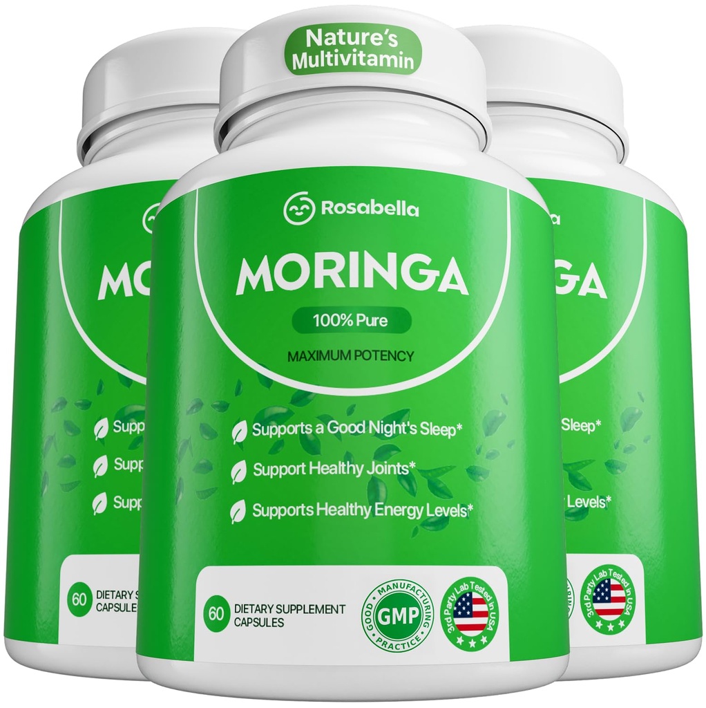 Rosabella Moringa Capsules - Pure Moringa Powder, Energy, Skin, Immune & Gut Health Superfood, rijk aan antioxidanten, essentiële vitamines & Aminozuren, Natural Green Superfood Supplement - 180 Tel.