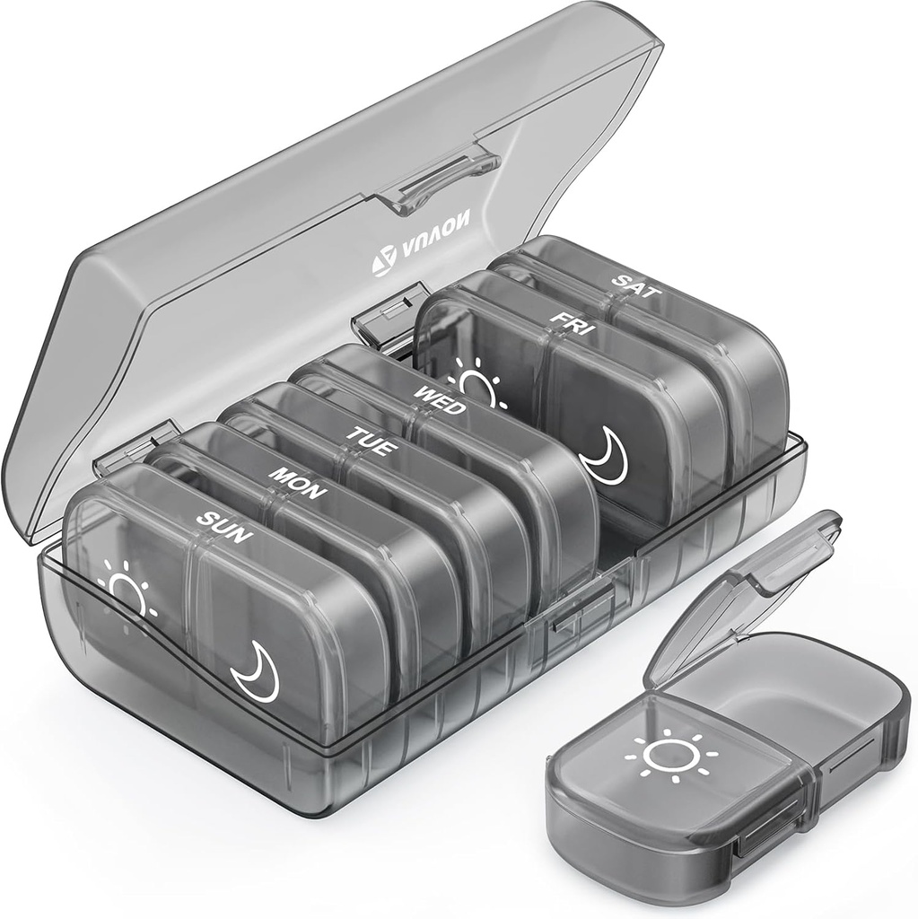 AOVON XL Wekelijkse Pillen Organisator 2 keer per dag, Pill Box 7 dag met een-zij grote openingen voor gemakkelijk te gebruiken, Gray AM PM Pillen Case voor Medicatie, Vitaminen, Visolie, Supplementen