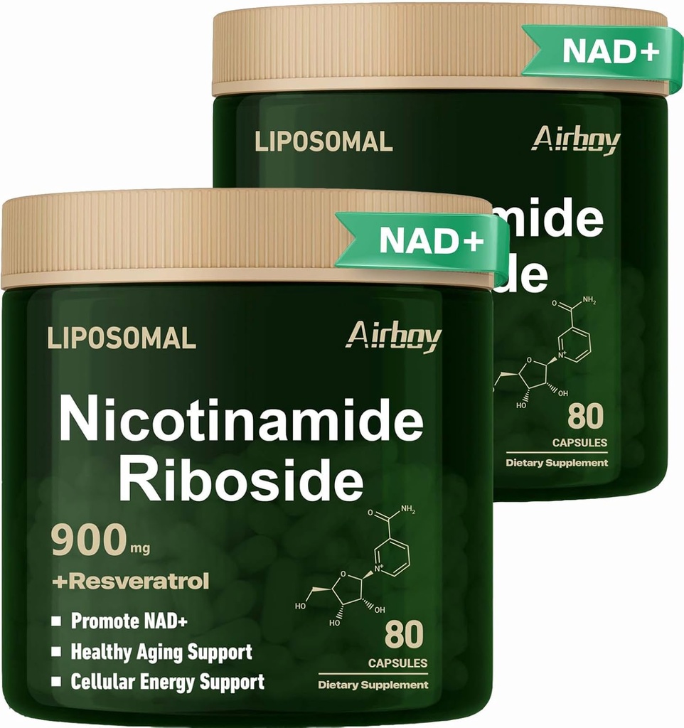 Airboy Liposomal Nicotinamide Riboside 900 mg, NAD Supplement met Resveratrol,NMN Alternatieve NAD Booster Ondersteuning Anti-Aging, Energie, Focus - 80 Capsulesx 2 Pack