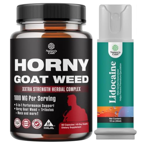 Bundle of Horny Goat Weed for Men with Black Maca Root, Tongkat Ali, Saw Palmetto & Panax Ginseng Extract and Lidocaine Desensitising Topical Spray Climax Control - Boost Endurance and Stamina