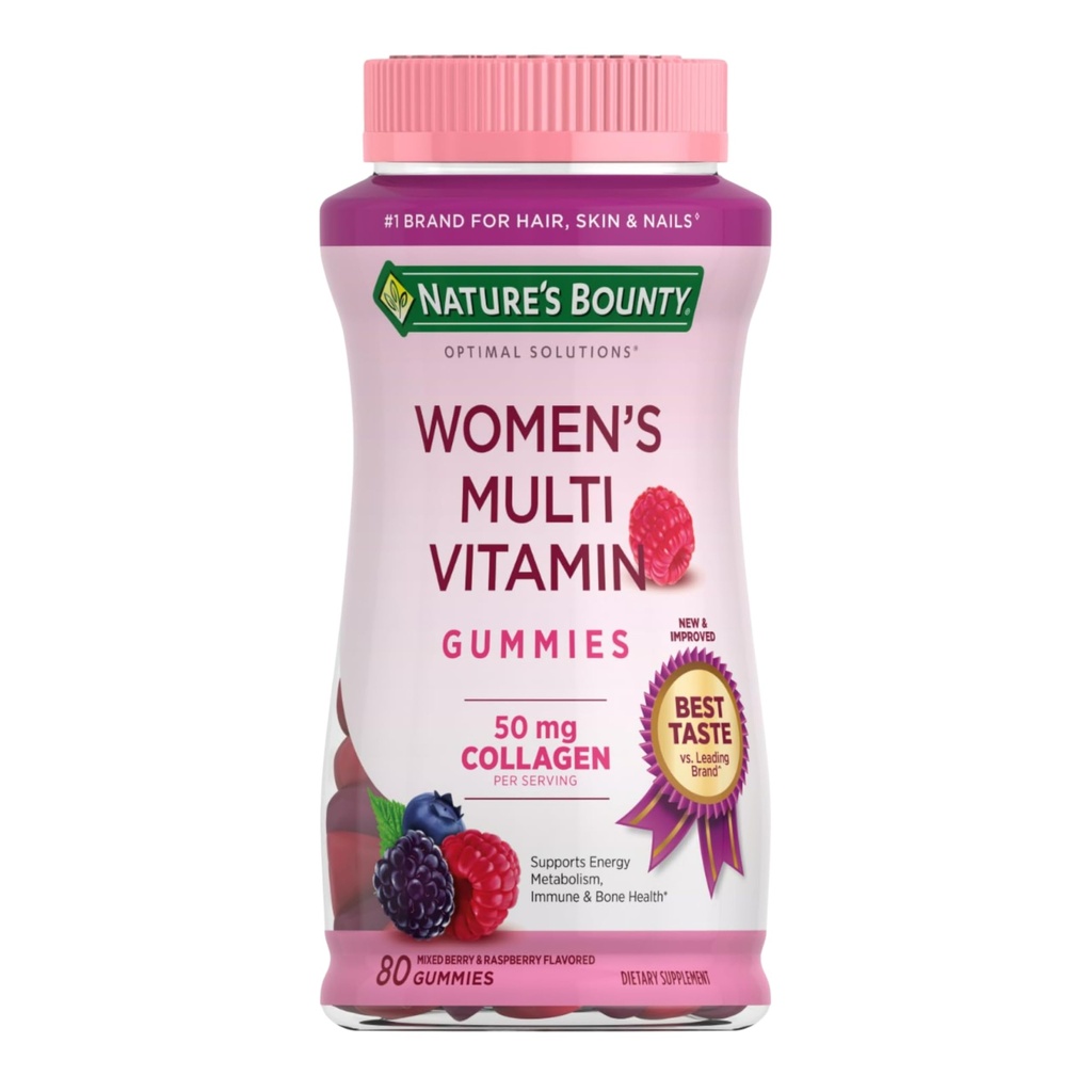 Nature's Bounty Optimal Solutions Multivitamines, Immunes et Soutien à l'énergie cellulaire pour femmes, Bone Health, Raspberry Flavor, 80 Gummies, 40 Total des services