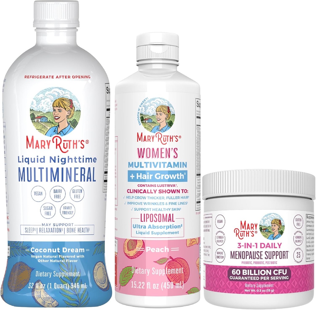MaryRuth Organics Vrouwen MultivitamineLustriva Haargroei, Menopauze Ondersteuning, & Daily Liquid Multimineral, 3-pack bundel voor haar ondersteuning, huidgezondheid, Immuun Ondersteuning, Gut Health, en slaapondersteuning