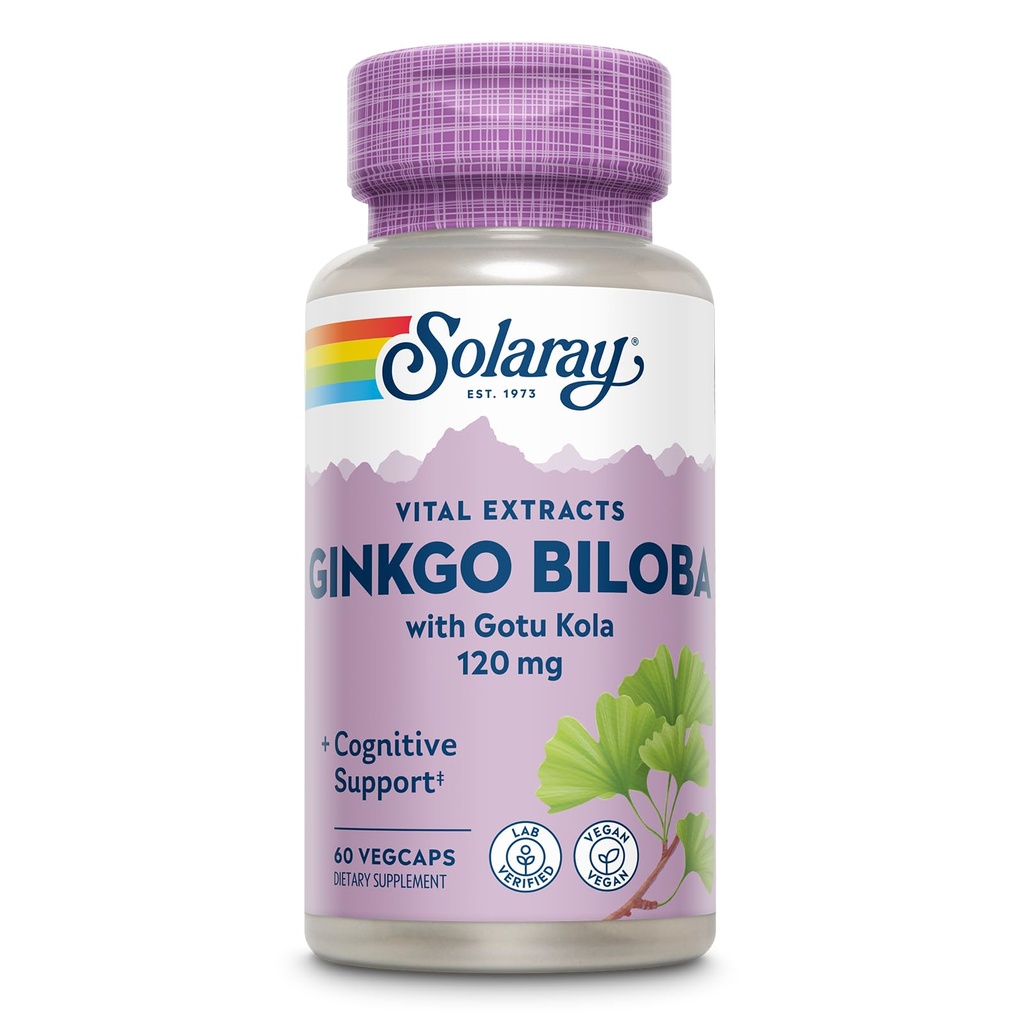 Solaray Ginkgo Biloba Extrait avec Gotu Kola - Ginko Biloba Capsules pour le soutien de la santé cérébrale - Vegan, Lab Vérifié, Garantie de 60 jours - 60 portions, 60 VegCaps (60 VegCaps)