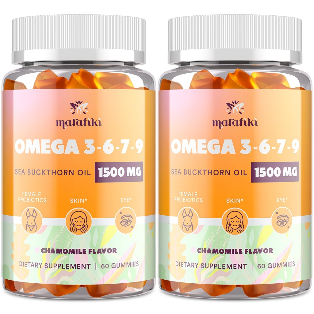 Omega-7 Sea Buckthorn Oil Gummies, Omega 3 6 7 9 Supplement for Women, Flaxseed Oil, Vitamins E, A & Probiotics - Skin, Eye & Dryness, Kamille smaak - 120 Gummies