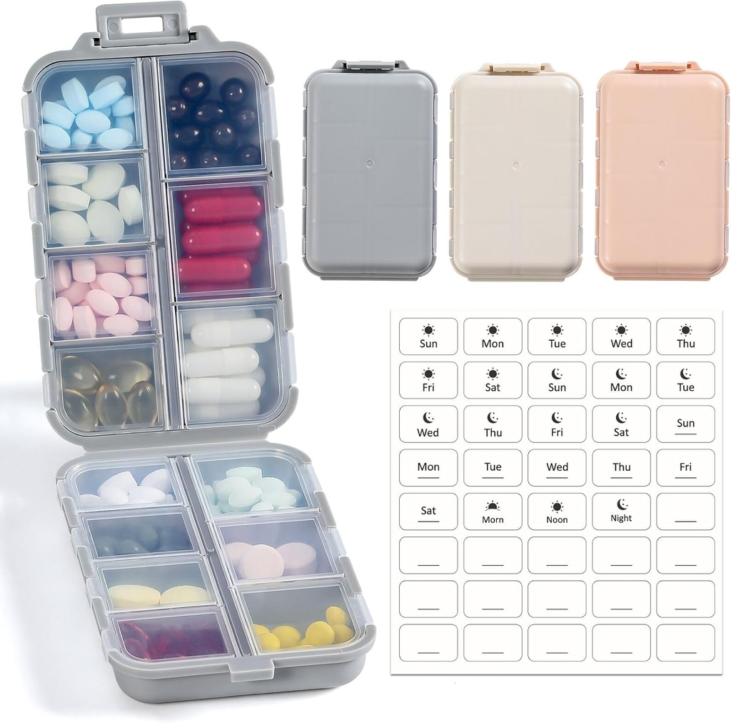 LANDNEOO 14 Grids pil Organizer Box met labels, Travel Medication Holder Dispenser Case Kit, Pocket Daily Pharmacy Container voor Visolie Vitamine Supplement Opslag, Khaki Pink Grey, 3 Pack