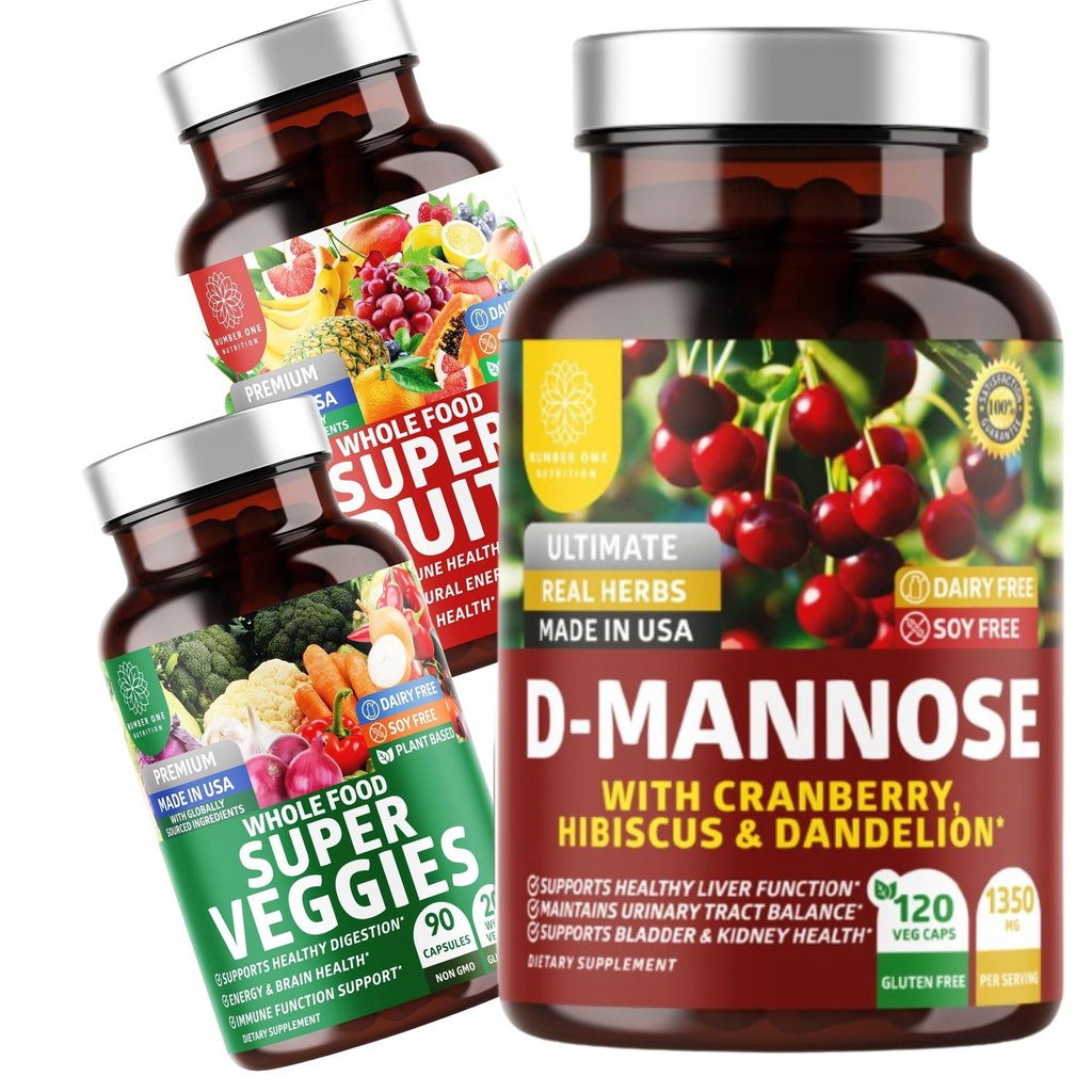 Number One Nutrition N1N Premium D-Mannose met Cranberry & Hibiscus [1350mg], 120 Capsules en Super Fruit & Veggies Whole Food Supplement, 180 Capsules, 2 Pack Bundle
