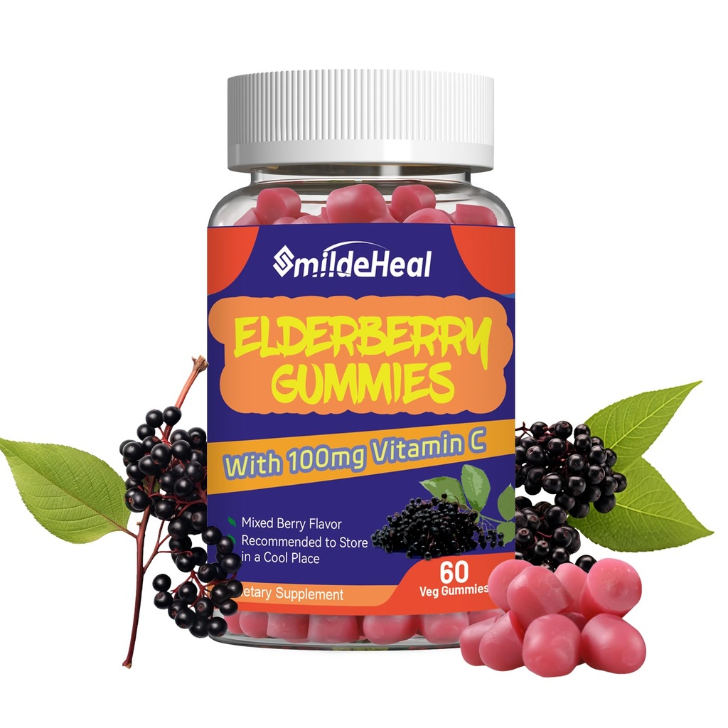 Vlierbessen Gummies, Vlierbessen Extract 300mg, met vitamine C en zink, aardbeien smaak Gummies, Niet-GGO's, Glutenvrij, Vegan-Vriendelijk, Immune Ondersteuning, 60 Tellen