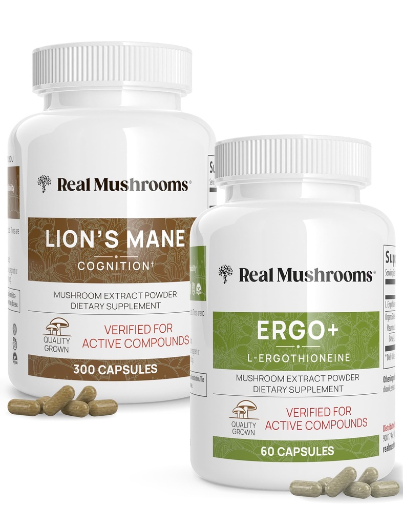 Real Paddestoelen Ergothioneine (60ct) en Lions Mane (300ct) Bundel met Shiitake en Oyster Mushroom Extracten - Duurzaamheid en cognitie - Veganistisch, Glutenvrij, Non-GMO - Natuurlijke ondersteuning voor gezonde veroudering
