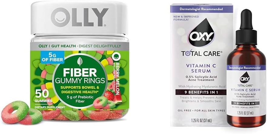 OLLY Fiber Gummy Rings 50ct + Oxy Total Care Hydrating Vitamine C Serum voor Digestieve Ondersteuning, Heldere huid