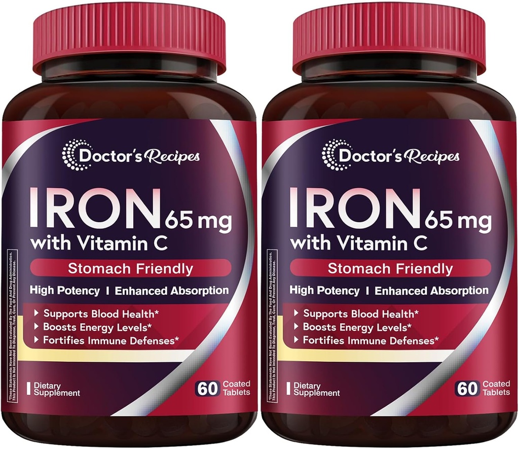 Recepten Iron Supplement 65 mg met vitamine C - Gemaximiseerde Absorptie & Maag Vriendelijke IJzer Pillen voor Red Blood Cells Formation, Heart, Brain & Immunity Health - Vegan 120 Tabs (Pack of 2)