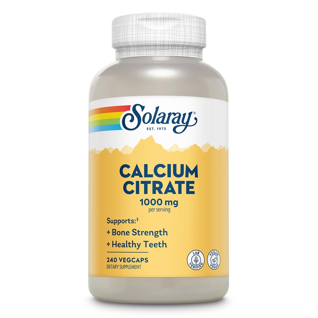 Solaray Calcium citraat 1000mg - Gecheld Calcium Supplement - Ondersteunt bot sterkte en gezonde tanden - Gemakkelijk te Digest - 60-dagen garantie, Vegan - 60 porties, 240 VegCaps