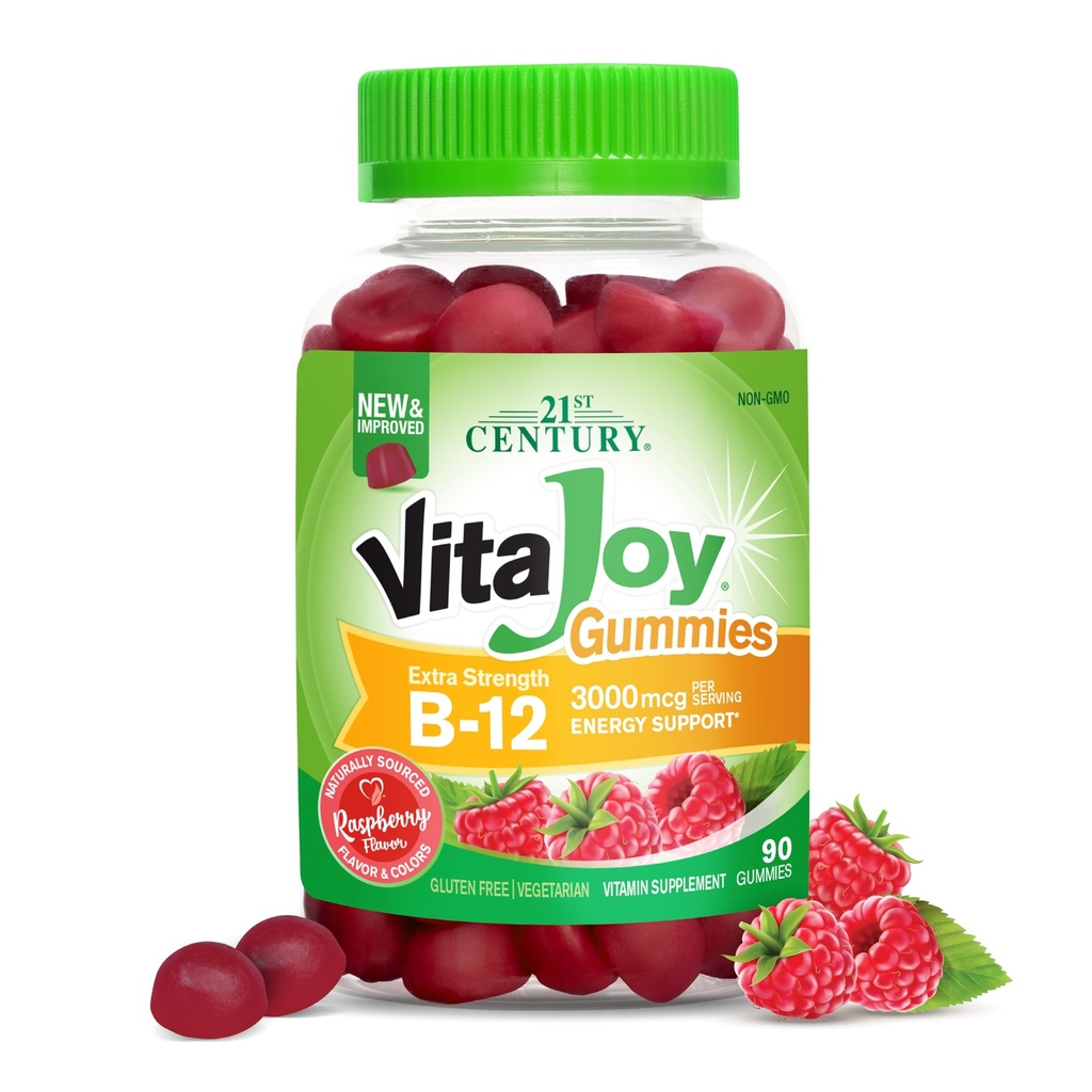 21e eeuw VitaJoy Extra sterkte B-12 3000 mcg Gummies, Framboos, 90 Tel.
